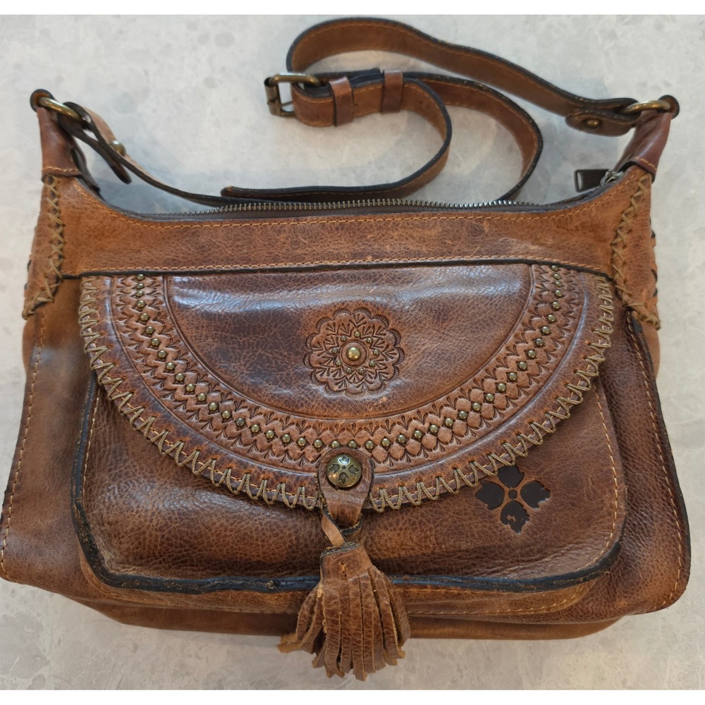 Patricia Nash Tan Italian Leather Crossbody Bag Whipstitch Tassel Distressed